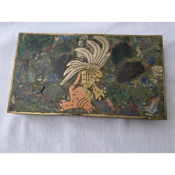 VTG Tribal Mexican Trinket Box Mixed Metal & Semi-Precious Stone Mosaic Hinged - Picture 2 of 9